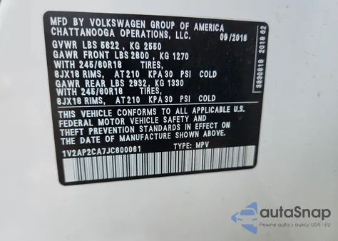 2018 Volkswagen Atlas S из США, поврежденный, VIN 1V2AP2CA7JC600061